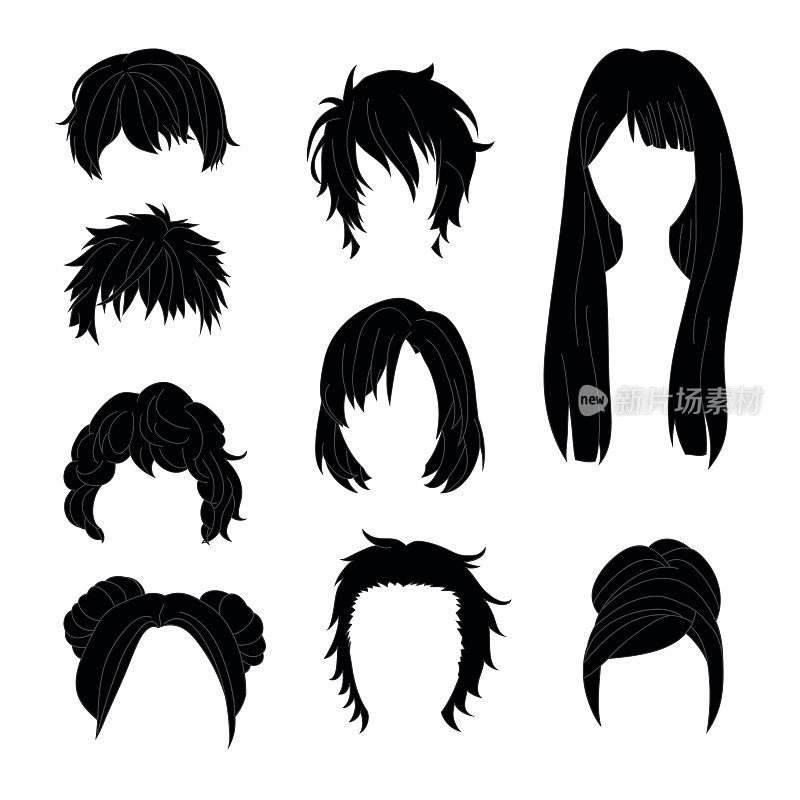 Collection Hairstyle for Man Woman Black Hair Drawing Set 2